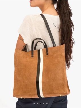 Clare V Tan Suede Tote with Black and Cream Stripe